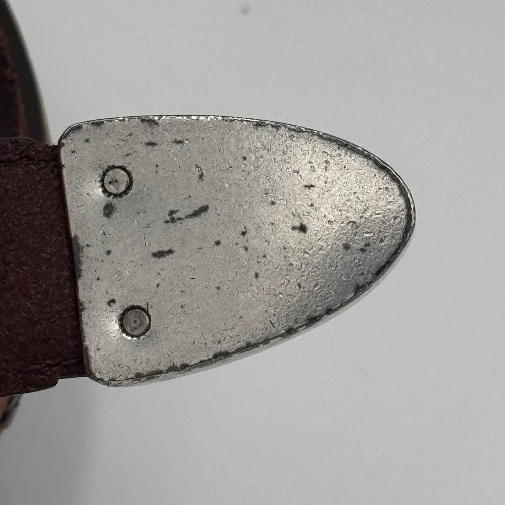 Brighton‎ Western Brown Leather Belt Engraved Buckle Metal Tip Cowboy Style